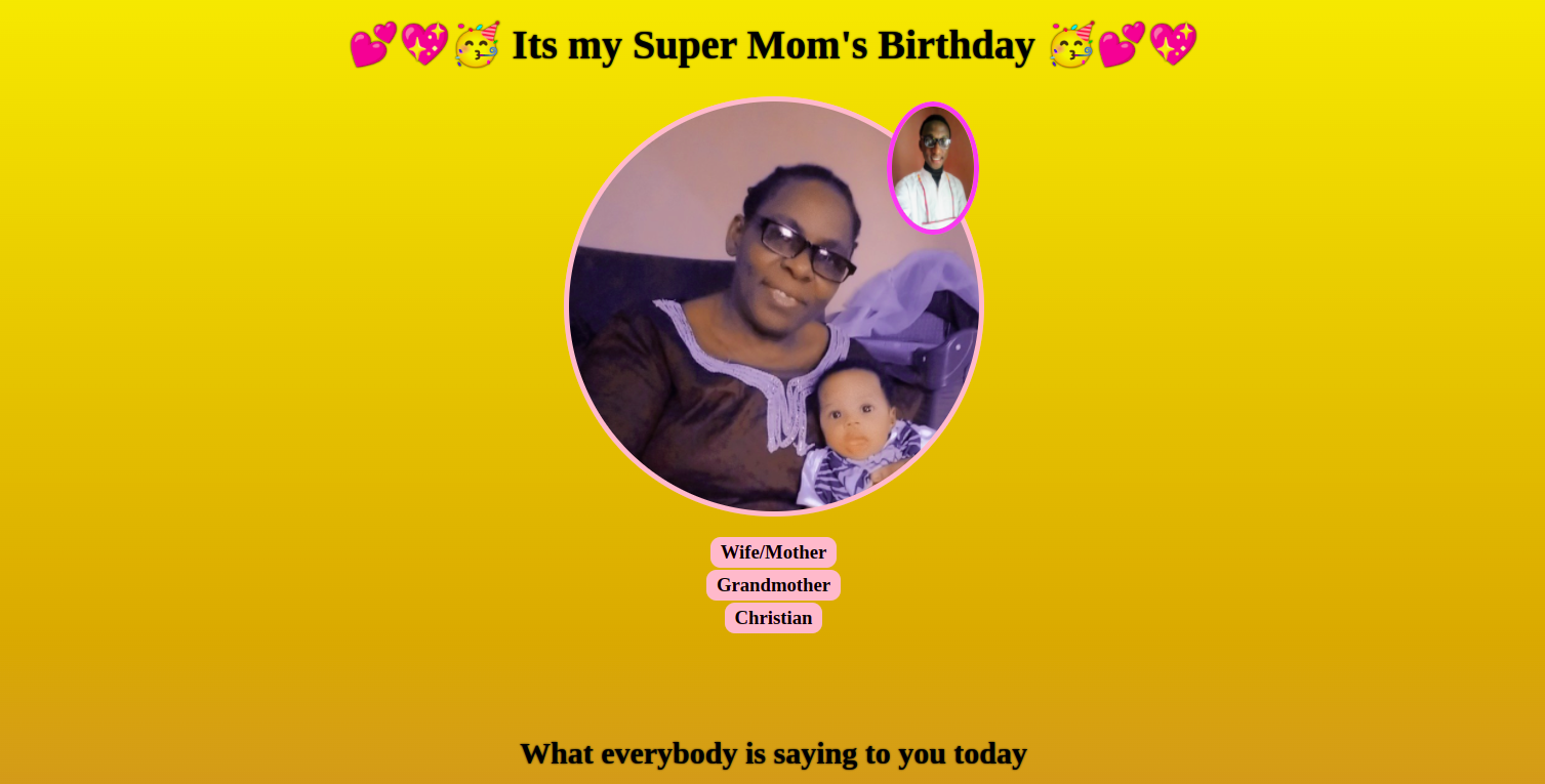 Special birthday page with yellow background and a woman with a baby very happy and smiling and a young man attached picture
