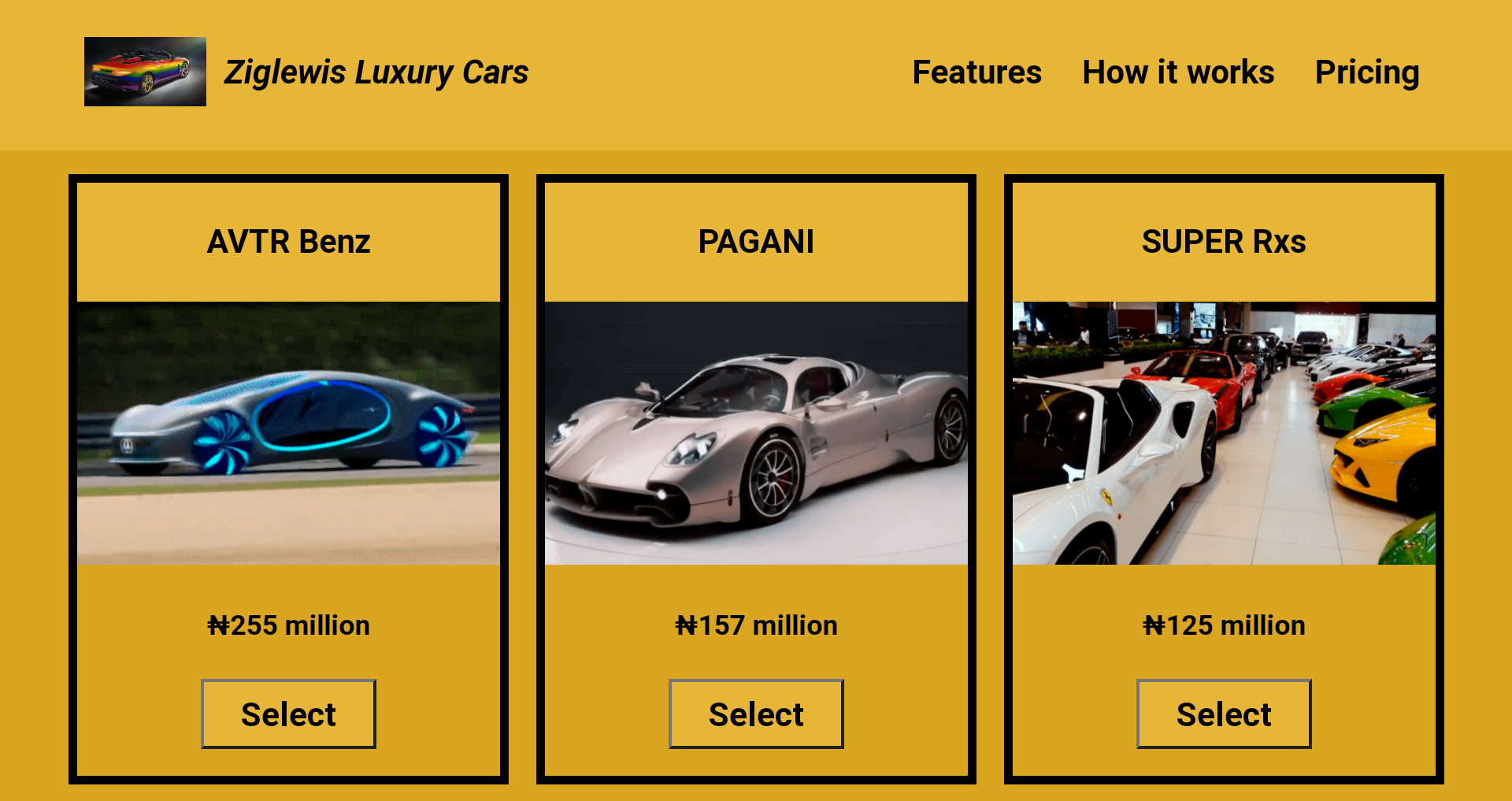 A luxury car landing page of yellow color with three exotic cars