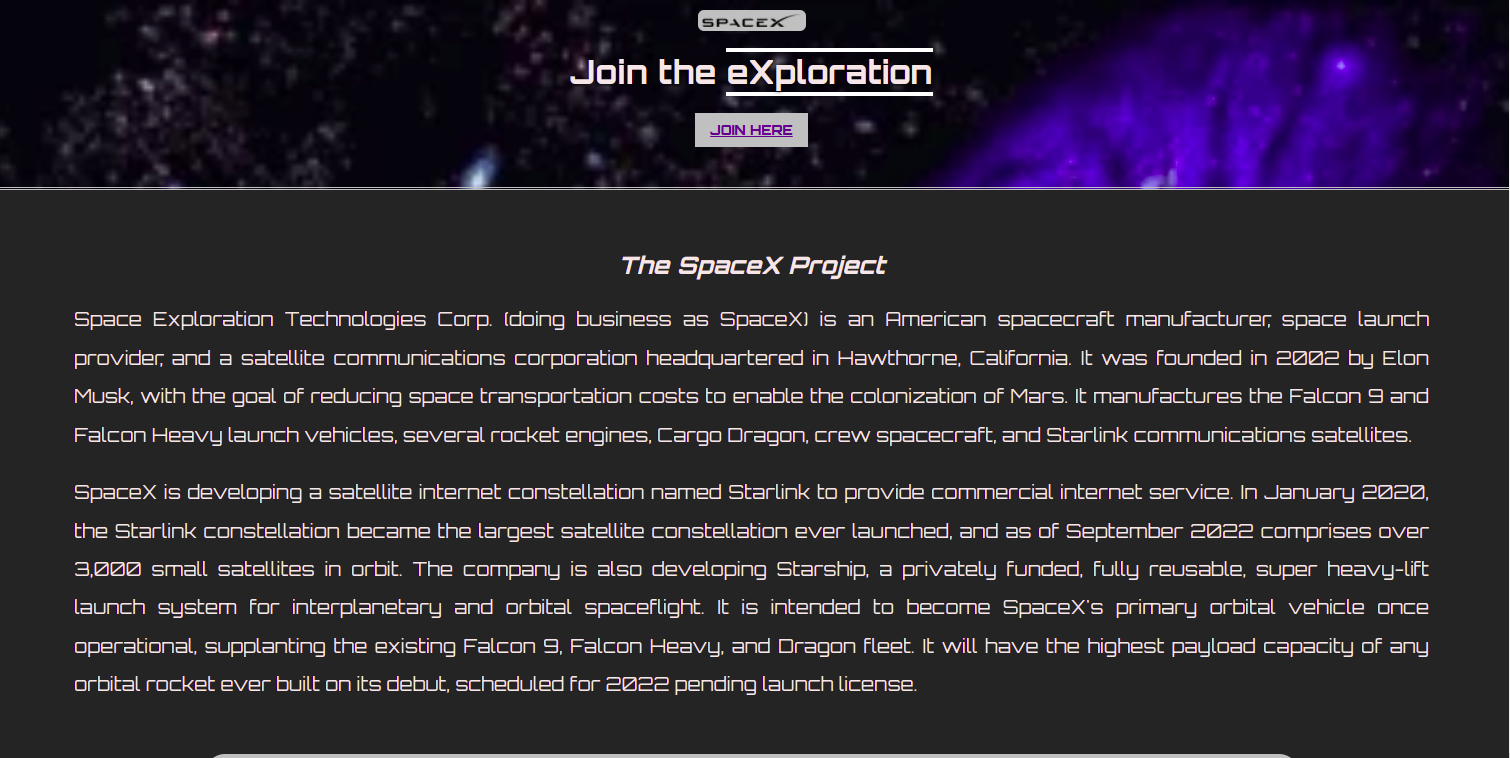A markup website that talks about the SpaceX project layed in a dark background 