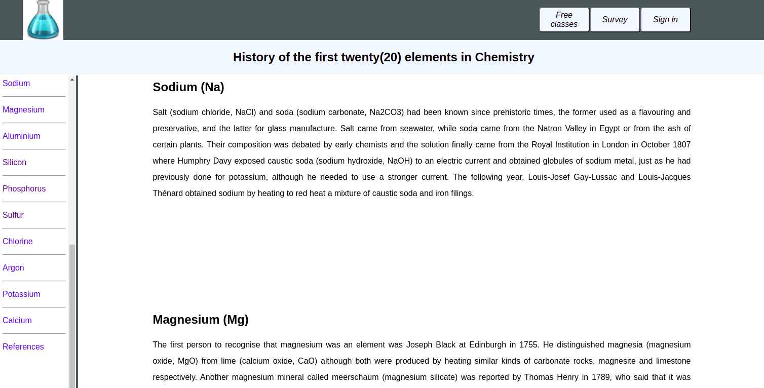 A special technical paper on the first twenty(20) elements in chemistry with active scroll bars