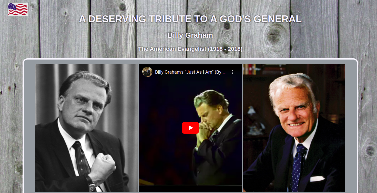 A tribute page with Billy Graham image on black and white