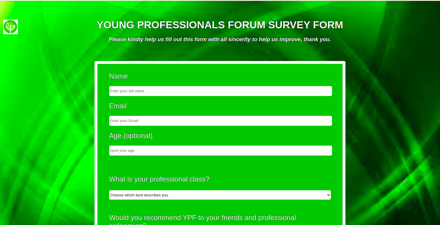 A young professional survey form on green background and white lettering